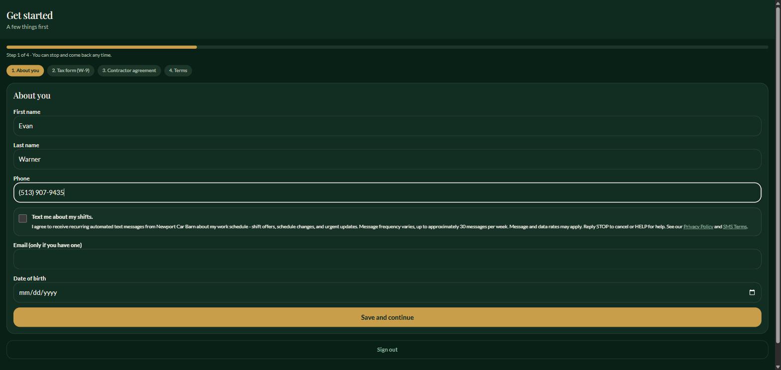 Screenshot of the NCB Shifts onboarding screen showing the optional 'Text me about my shifts' consent checkbox